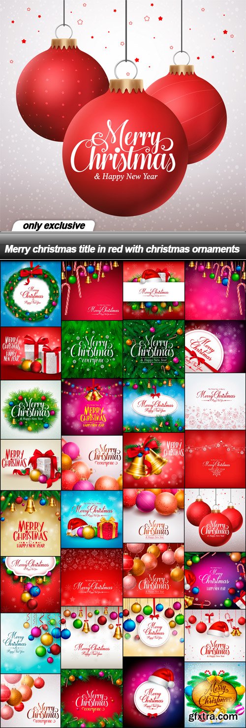 Merry christmas title in red with christmas ornaments - 32 EPS