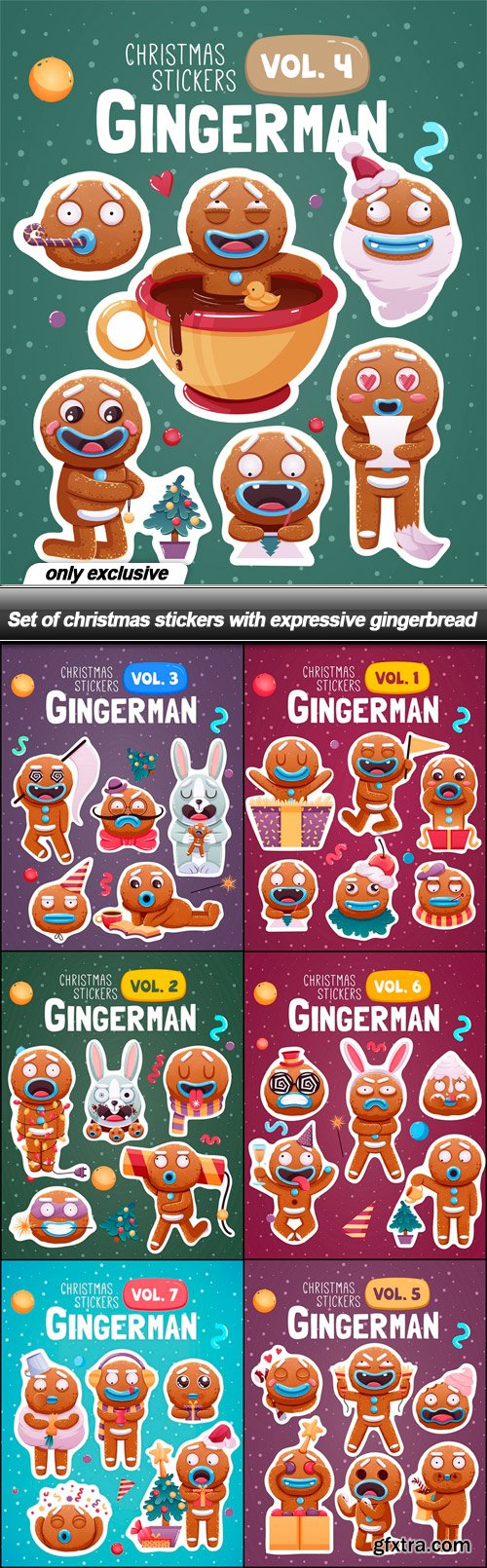 Set of christmas stickers with expressive gingerbread - 7 EPS