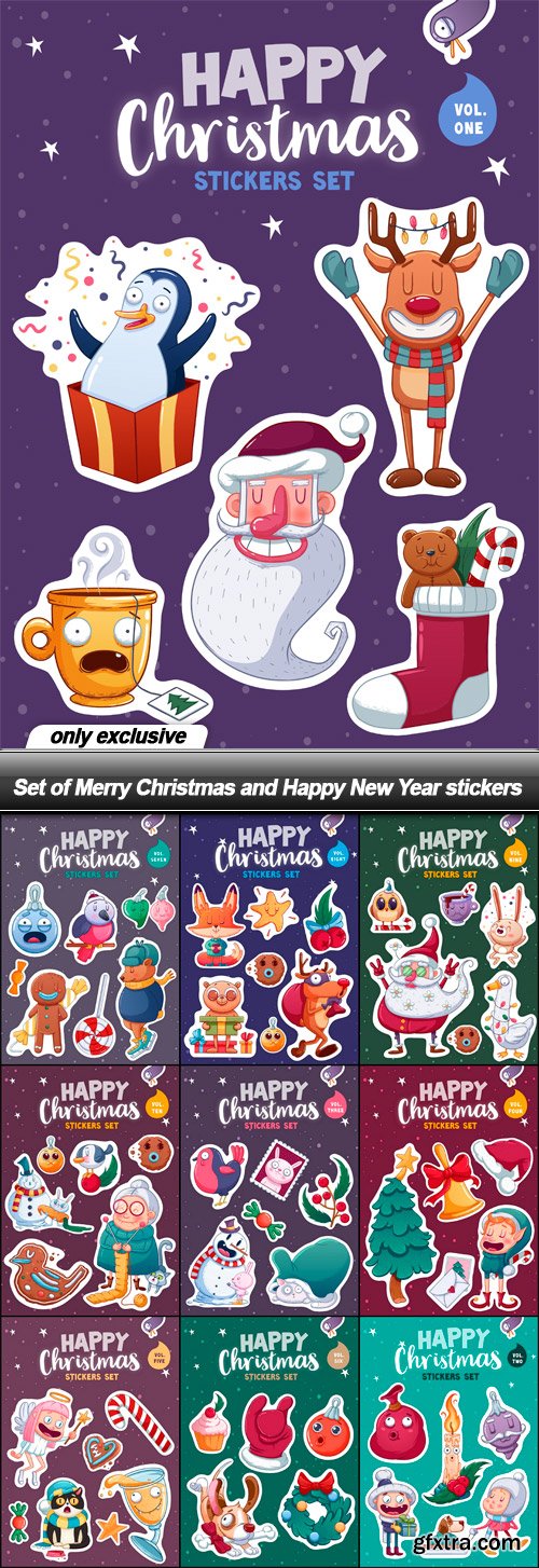 Set of Merry Christmas and Happy New Year stickers - 10 EPS