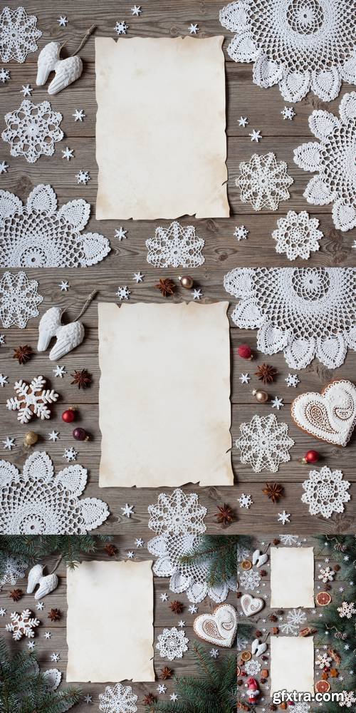 Christmas Wooden Background with Lace Snowflakes, Gingerbread and Blank Greeting List