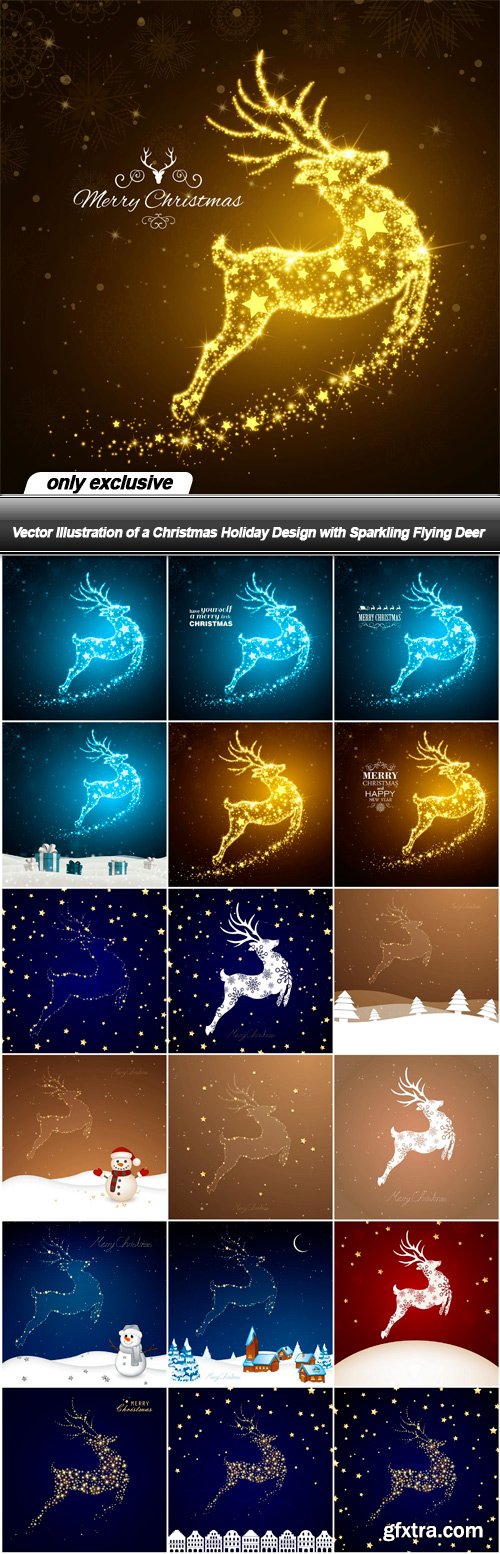 Vector Illustration of a Christmas Holiday Design with Sparkling Flying Deer - 19 EPS