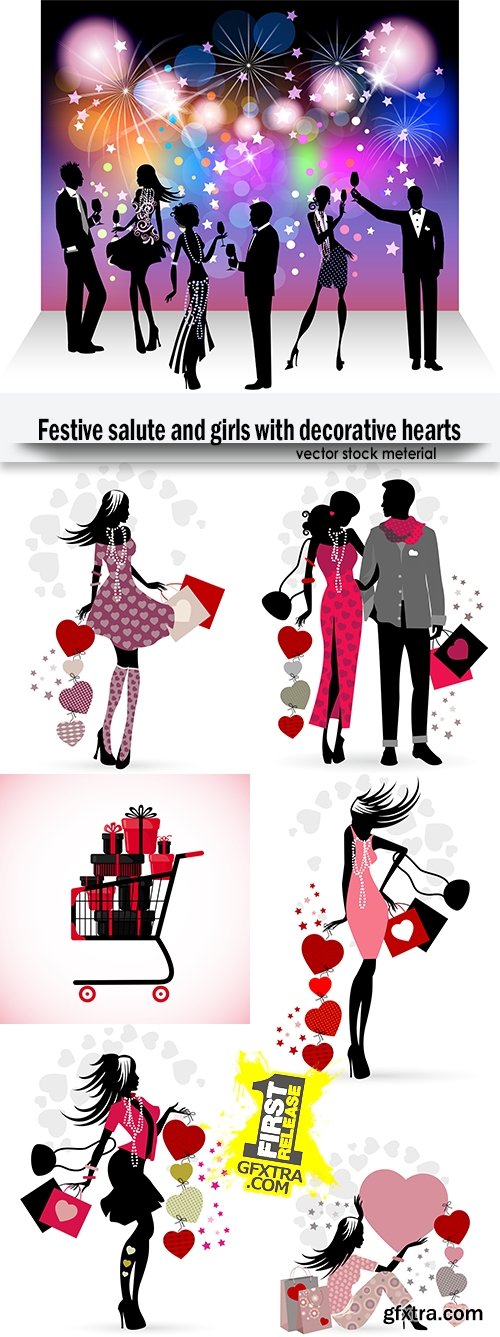 Festive salute and girls with decorative hearts