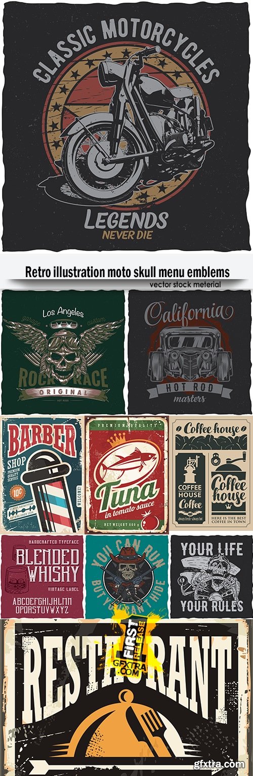 Retro illustration moto skull menu emblems