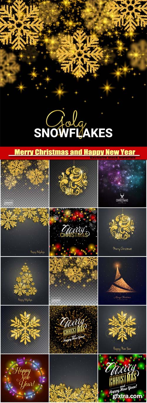 Merry Christmas and Happy New Year vector, gold snowflakes, glitter for banner