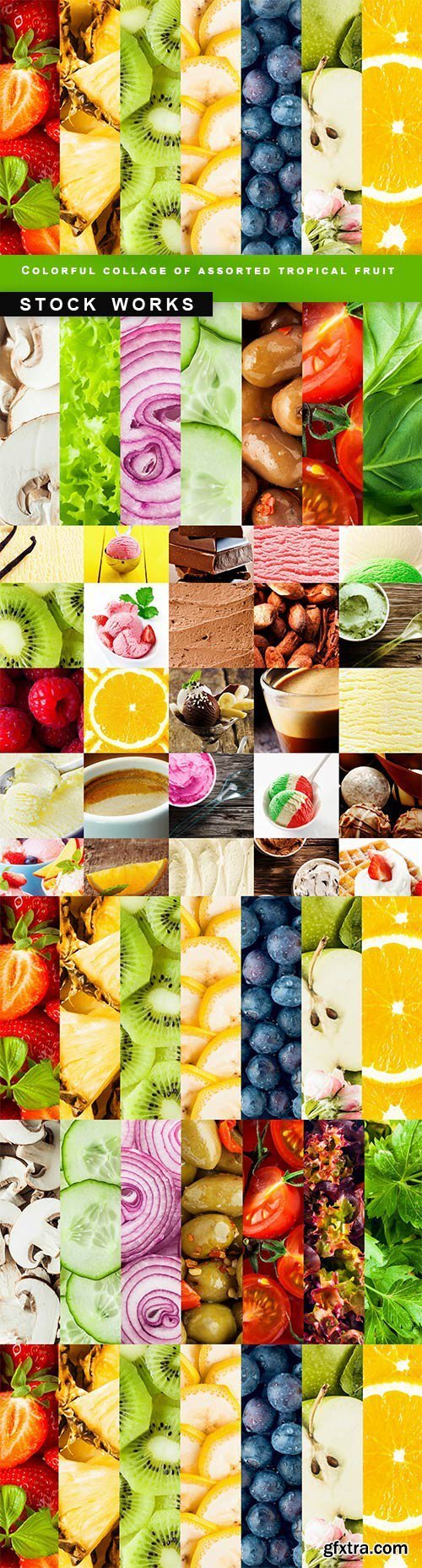 Colorful collage of assorted tropical fruit