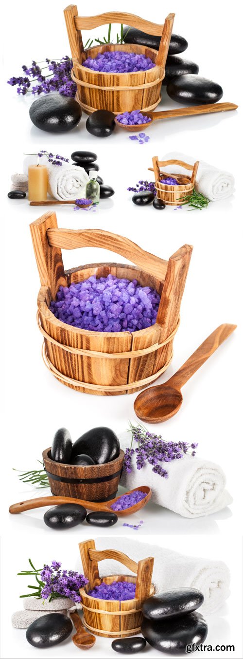 Spa still life with lavender saltl isolated on white background