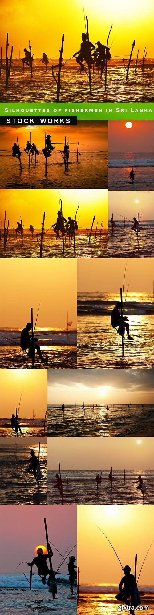 Silhouettes of the traditional stilt fishermen in Sri Lanka