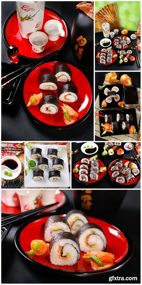 Delicious sushi, different set of oriental cuisine