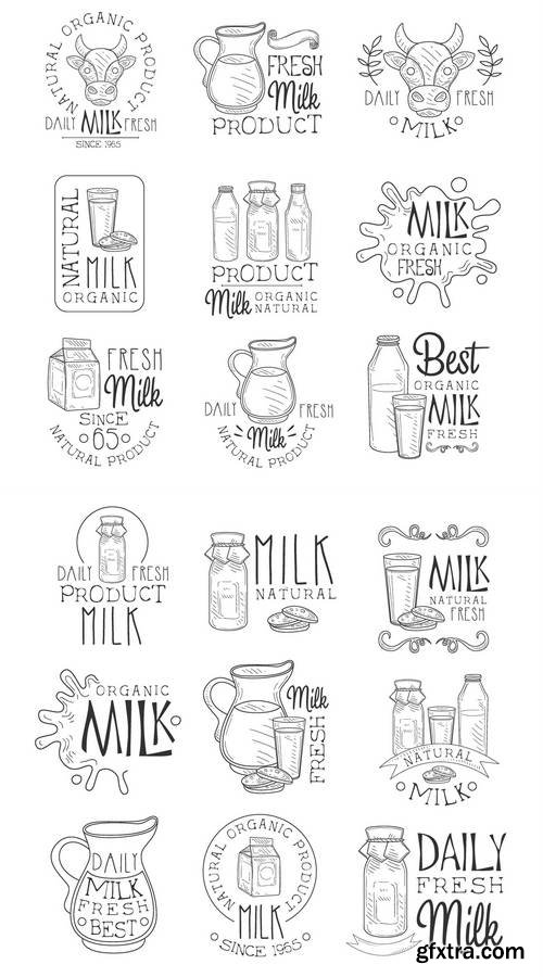 Best Organic Milk Product Set of Hand Drawn Black and White Sign Design Templates