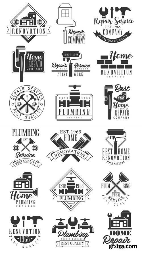 Plumbing and Repairing Service Black and White Sign Design Templates