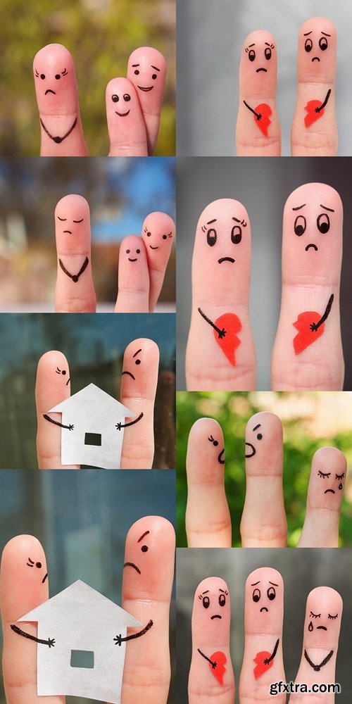 Finger art of family during quarrel. Concept of child is friends with his father. Concept parents divorced, kid remained with dad