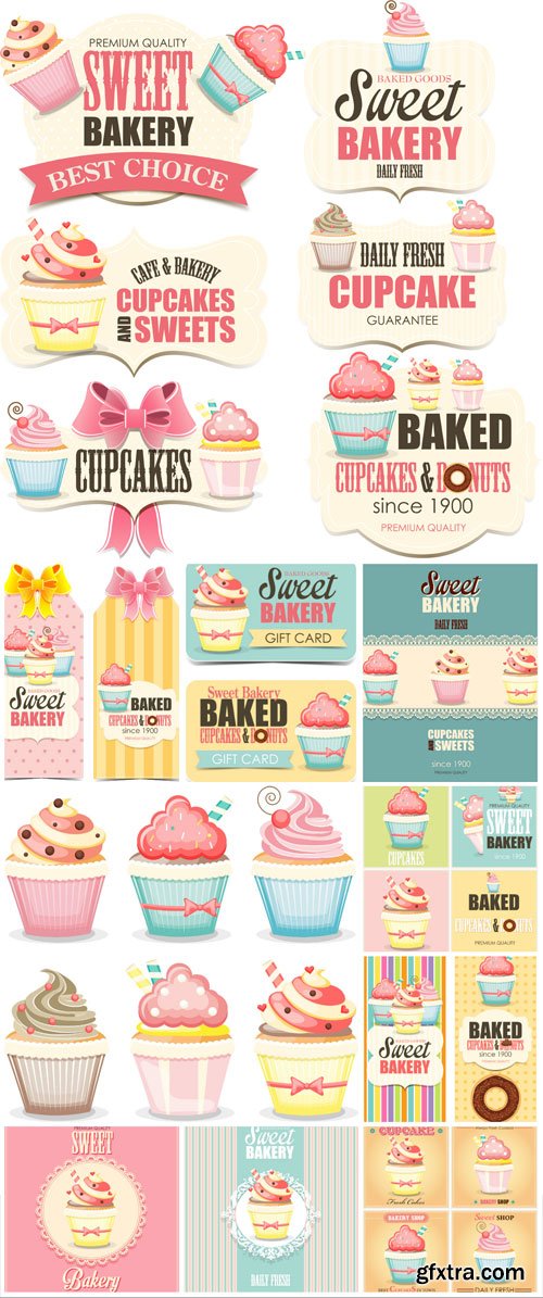 Vector labels and backgrounds with cupcakes