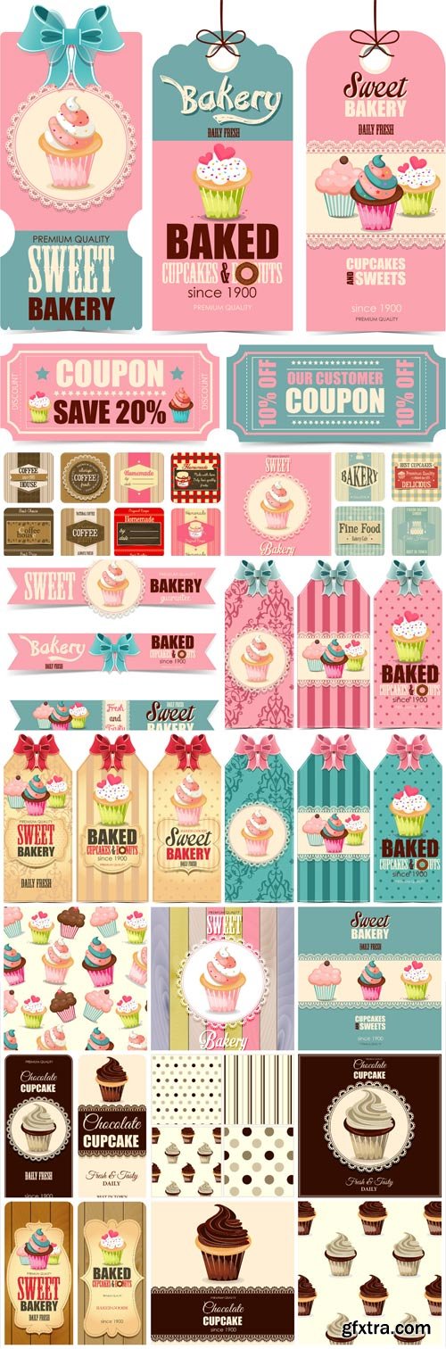 Vector collection of labels with cupcakes and cake