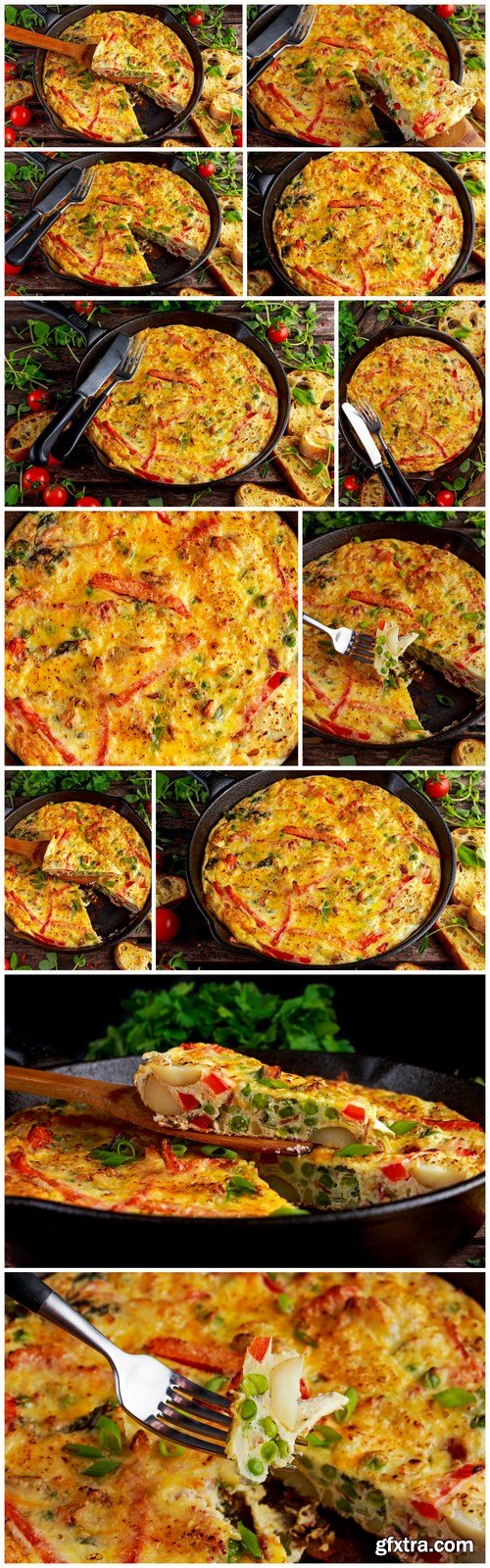 Frittata made of eggs, potato, bacon, paprika, parsley, green peas, onion, cheese in iron pan. on wooden table - 12xUHQ JPEG