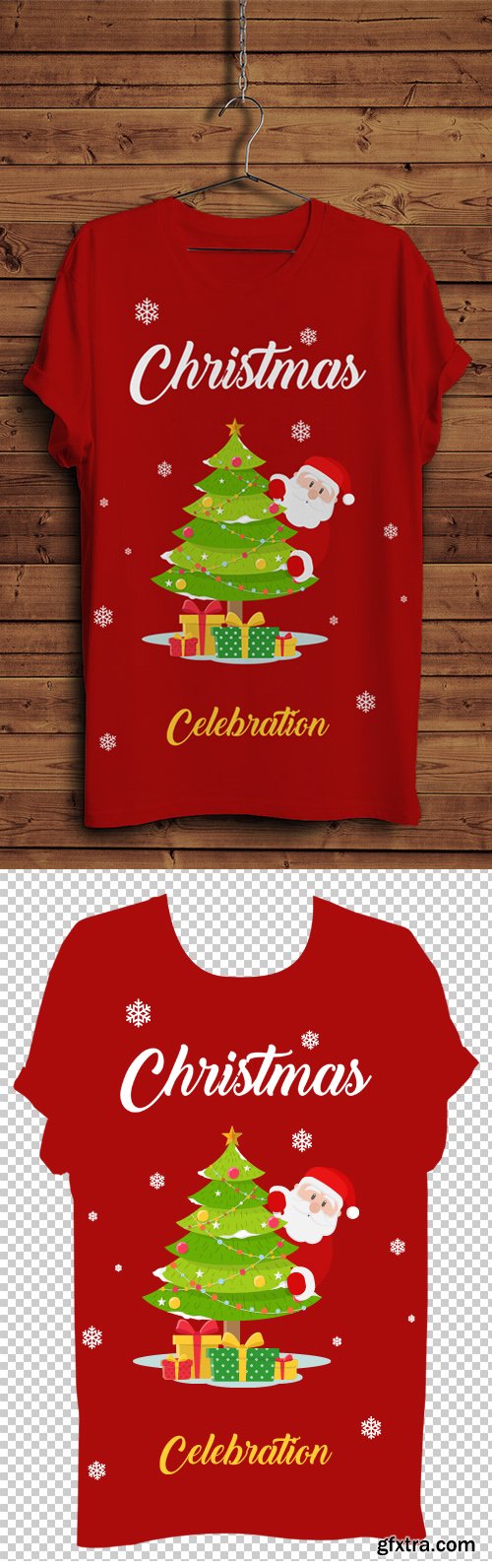 Christmas T-Shirt PSD Mockup with Hanger & Wooden Background