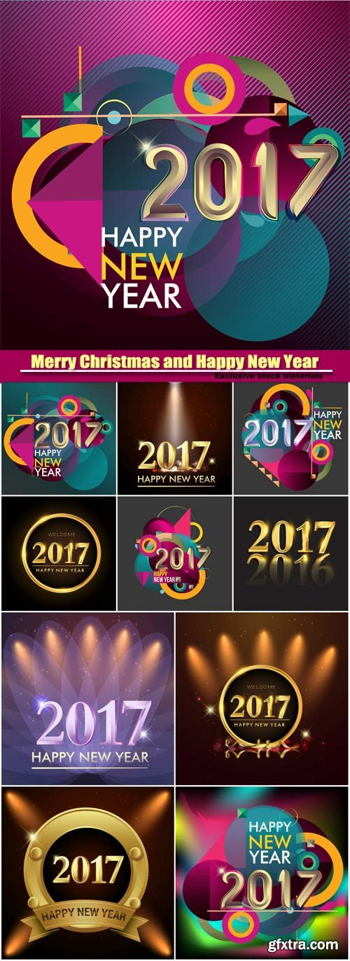 2017 glowing vector design elements, Merry Christmas and Happy New Year