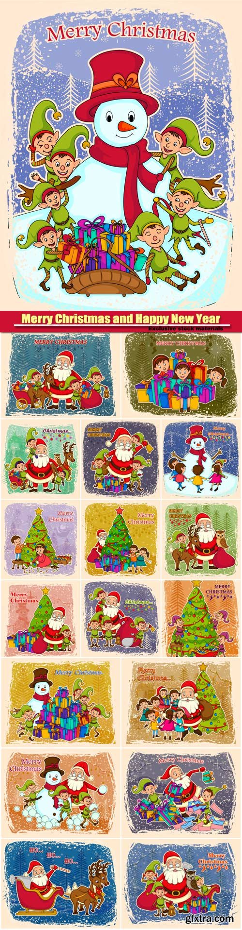 Santa Claus vector and elf making snowman for Merry Christmas