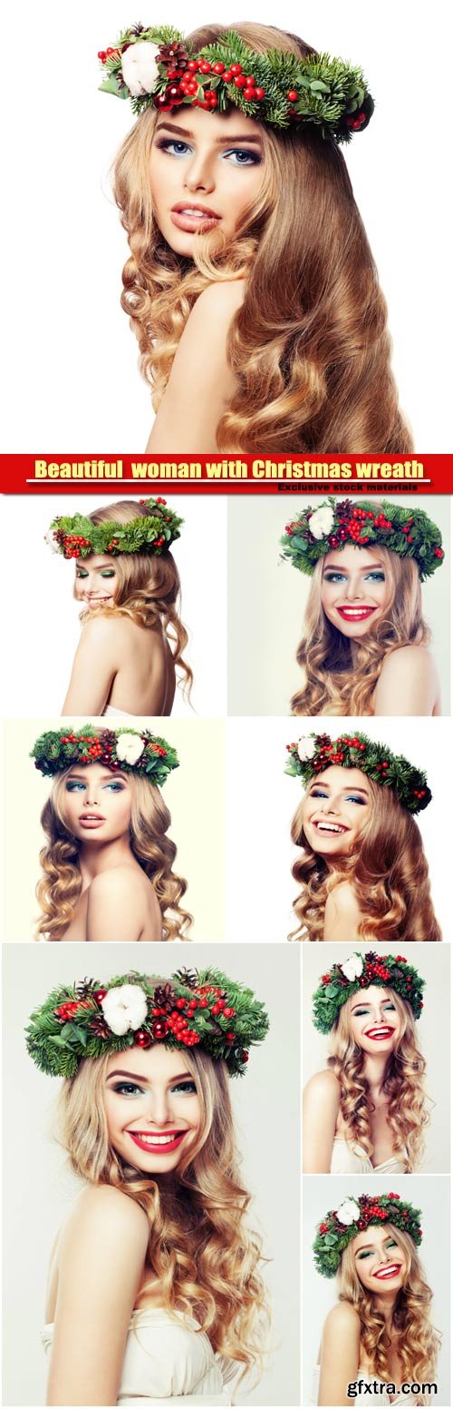 Happy beautiful  woman with Christmas wreath