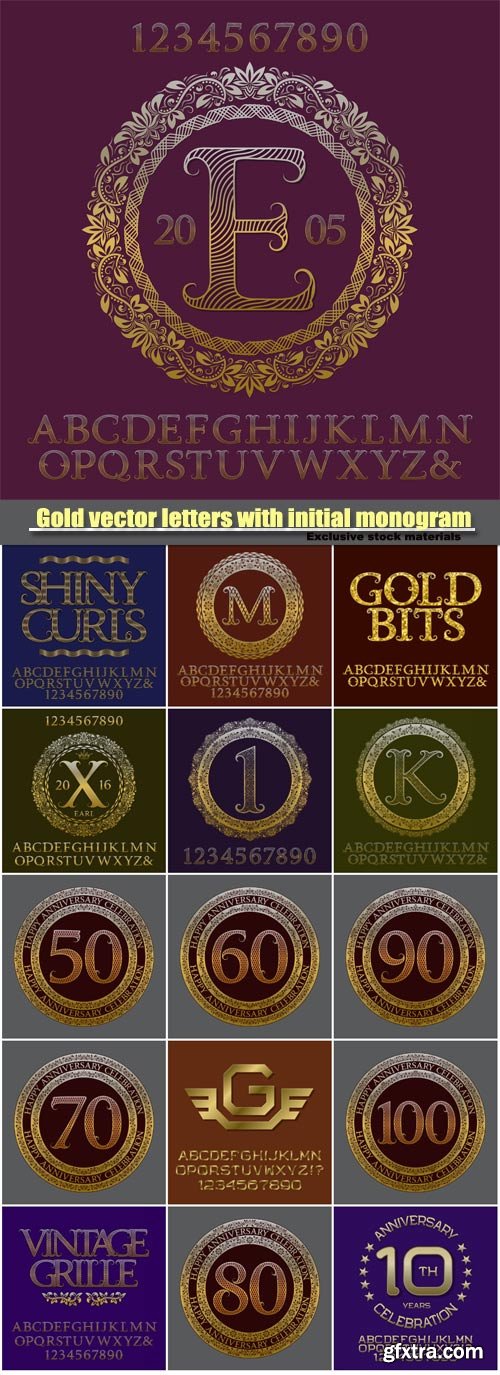 Gold vector letters with initial monogram, elegant logo design, english vintage alphabet