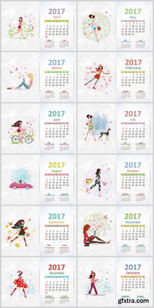 Nice Young Women on Calendar - 12 EPS Vector Stock