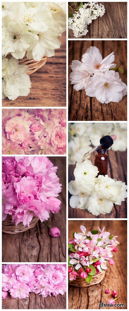 Pink flowers in a straw basket on a vintage surface 8X JPEG