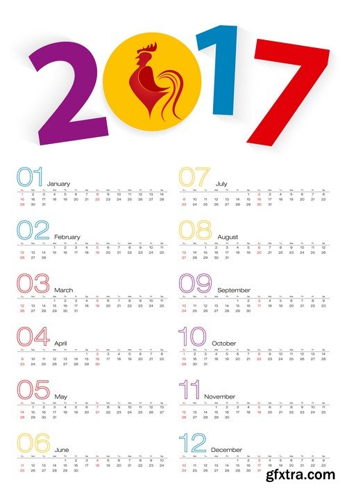 Calendar 2017 with cock 1 - 5 EPS