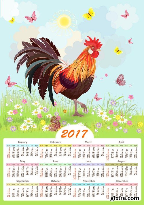 Calendar 2017 with cock 1 - 5 EPS