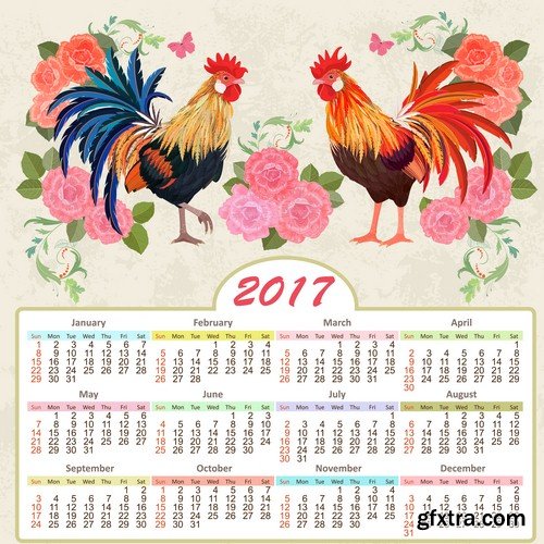 Calendar 2017 with cock 1 - 5 EPS