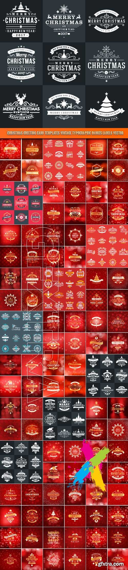 Christmas greeting card templates vintage typographic badges labels vector
