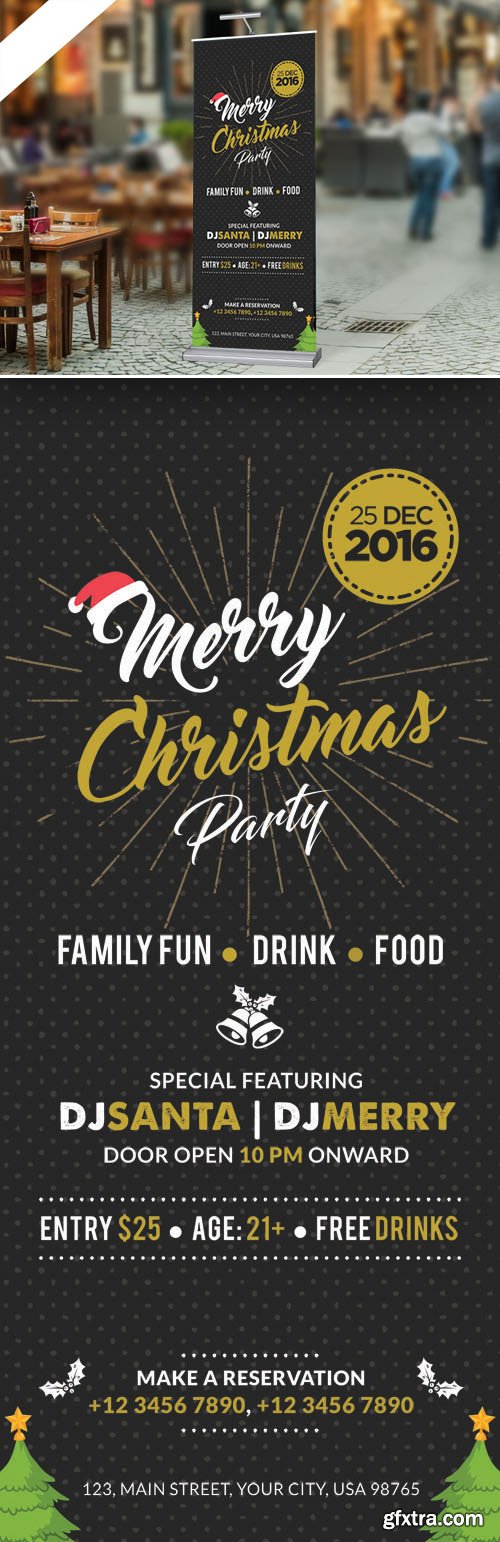 Christmas Night Party Roll-up Banner PSD Template