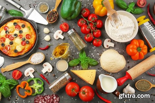 Collection of pizza ingredients of products for the preparation of a vegetable pie 25 HQ Jpeg