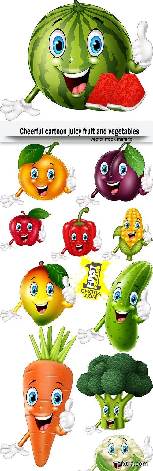 Cheerful cartoon juicy fruit and vegetables