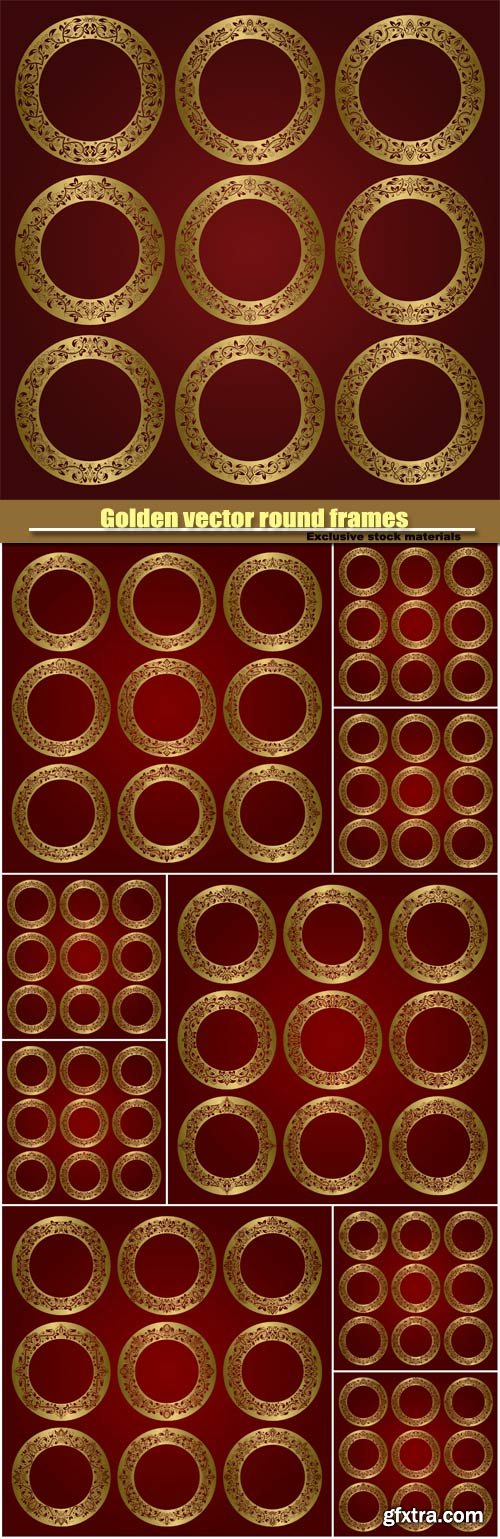 Golden vector round frames set of floral ornament borders