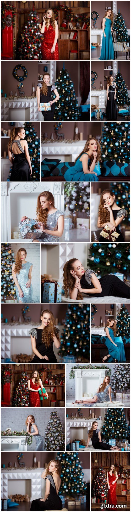 Young woman in elegant dress over christmas interior background - 18xUHQ JPEG
