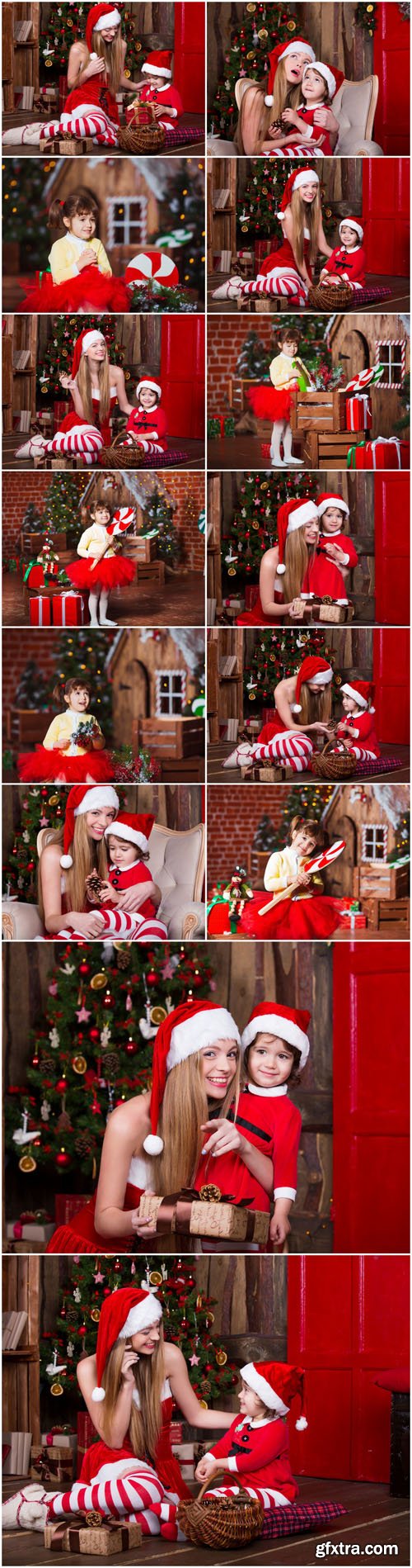 Cute girls sitting with presents near Christmas tree in Santa costumes - 14xUHQ JPEG