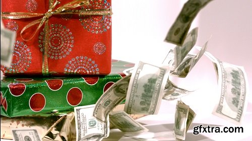 Slow motion cash falling on christmas gifts