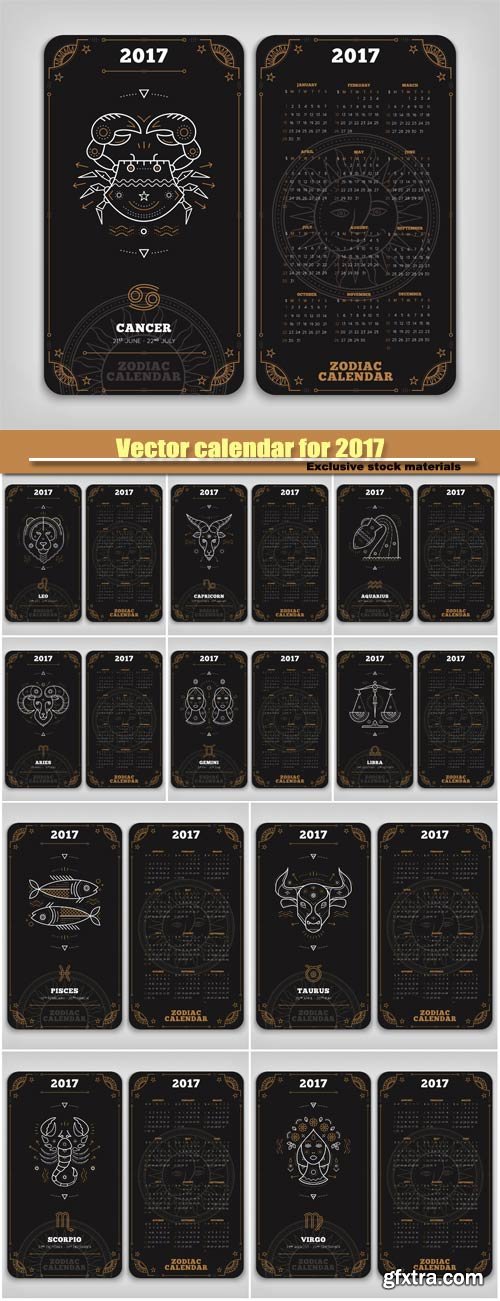 Vector calendar for 2017 with zodiac signs