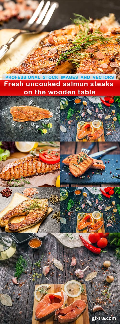Fresh uncooked salmon steaks on the wooden table - 8 UHQ JPEG