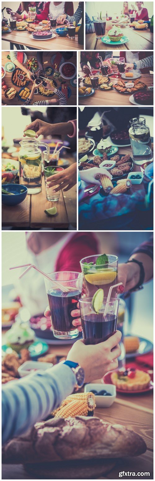 Group of people having dinner together while sitting at wooden table 7X JPEG