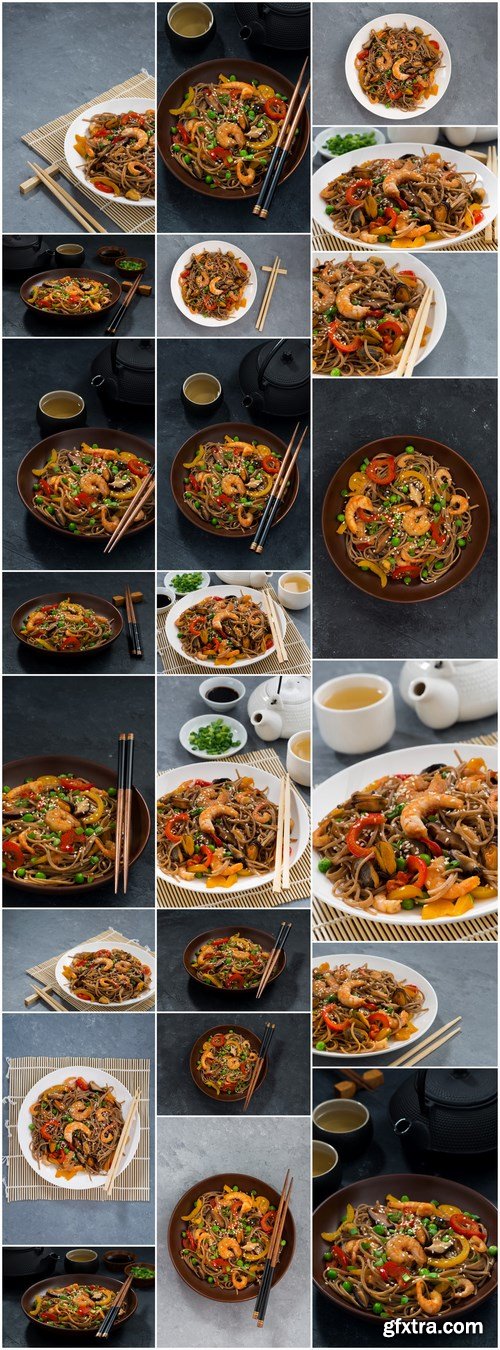 Asian buckwheat noodles with seafood and vegetables - 23xUHQ JPEG