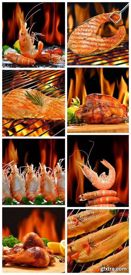 Fish and prawns with seasonings on flame background 8X JPEG