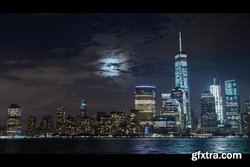 Lower Manhattan with Moon Rise New York City - Stock Footage