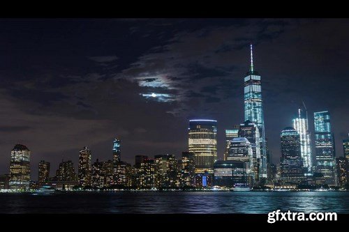 Lower Manhattan with Moon Rise New York City - Stock Footage