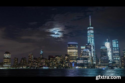 Lower Manhattan with Moon Rise New York City - Stock Footage