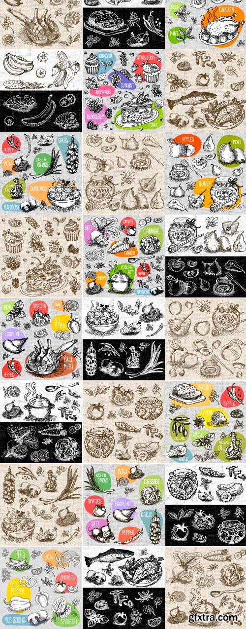 Chalk drawn on a blackboard food fruits and vegetables vector