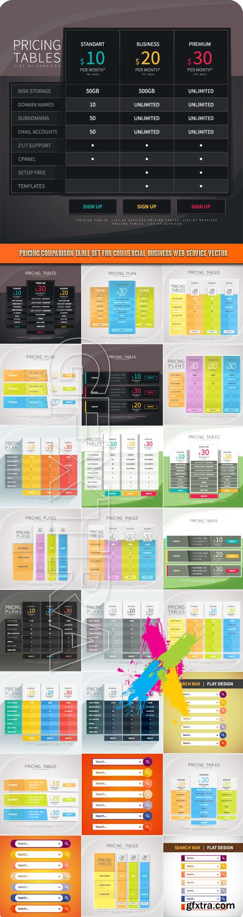 Pricing comparison table set for commercial business web service vector