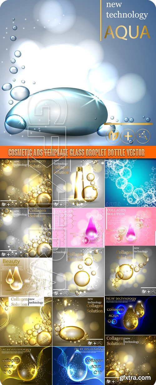 Cosmetic ads template glass droplet bottle vector