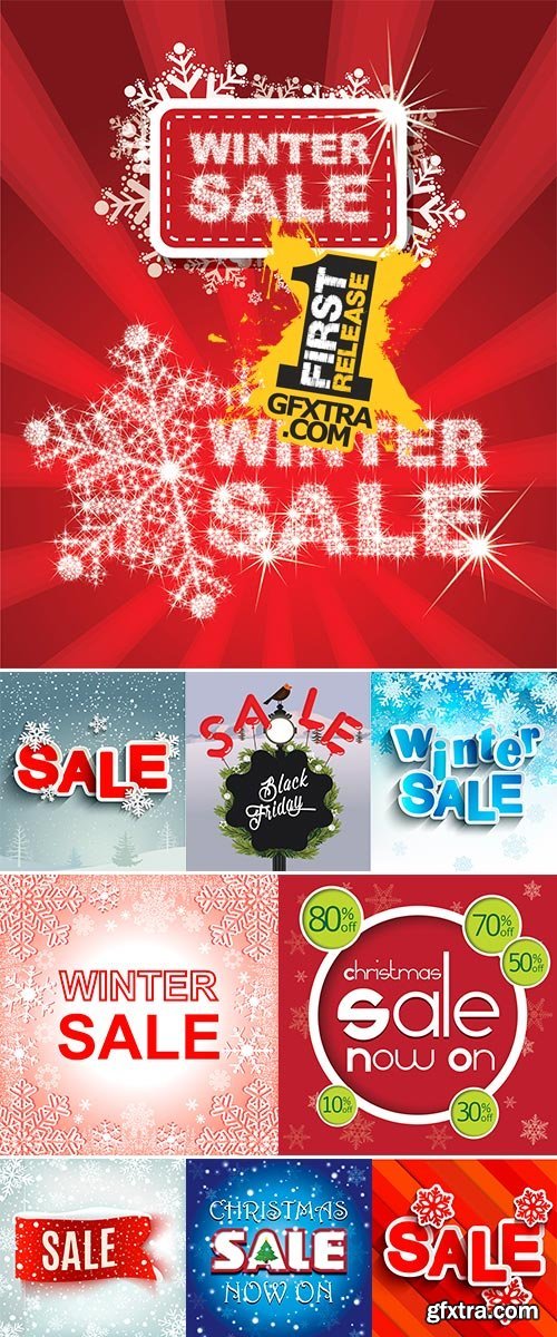 Stock Winter sale background with red realistic ribbon banner and snow, New year sale, Vector illustration