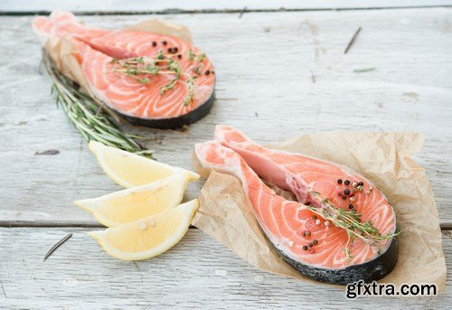 Raw salmon filet, stake and sushi - 83xUHQ JPEG