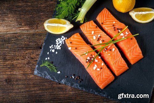 Raw salmon filet, stake and sushi - 83xUHQ JPEG